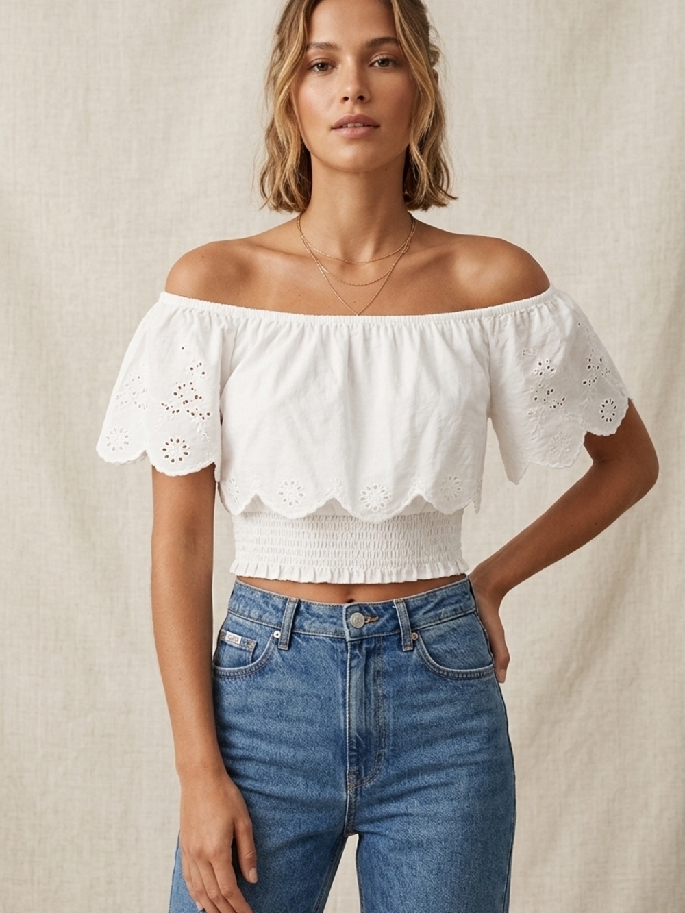 Zara White Off-Shoulder Eyelet Crop Top